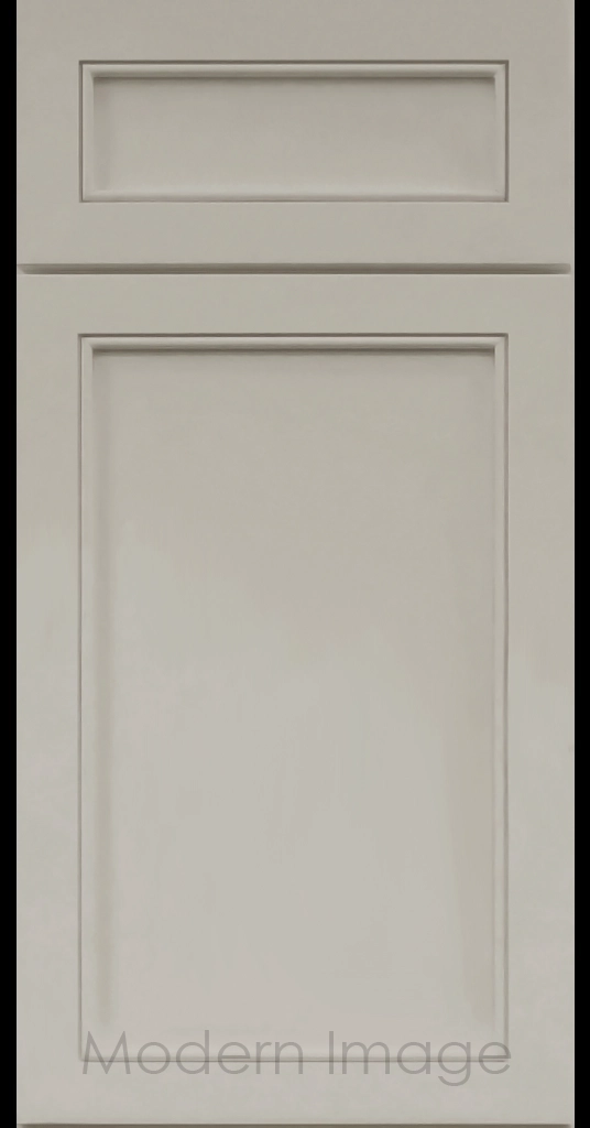 Alpine Slim Cabinet Door a narrow Stile & Rail Surrounding a flat center panel in a Gray Custom Paint